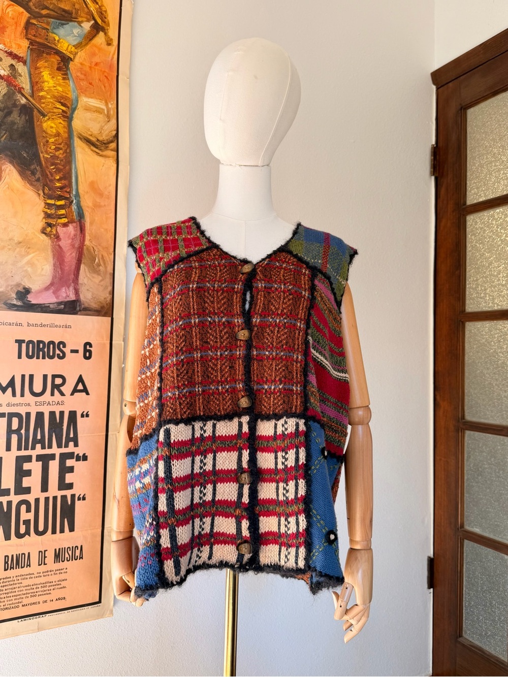 Vintage Susan Bristol Patchwork Multicolor Knit V-Neck Button Sweater Vest Sz XL